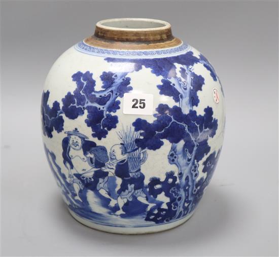 An 18th century Chinese blue and white ginger jar, lacks cover H.24cm